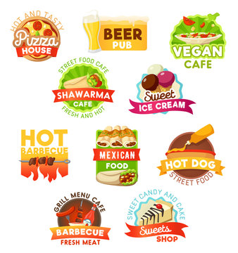 Fast food barbecue, meals and beer vector icons