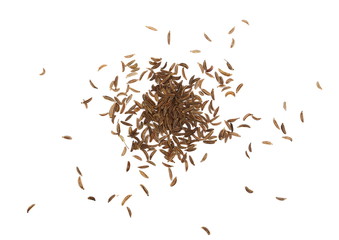 Pile of cumin, caraway seeds isolated on white background, top view