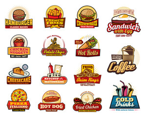 Fast food drinks, desserts and burgers icons