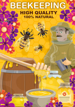Beekeeping honey and apiarist man, vector