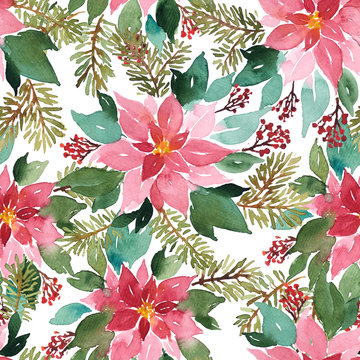 Seamless watercolor Christmas pattern with poinsettia, spruce and red berries