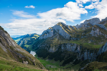 Swiss alps. Ebenalp. Seealpsee. Hiking trail in swiss apls.