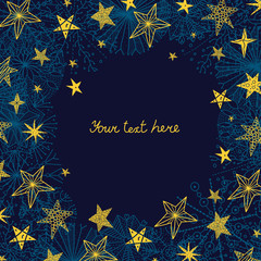 Cute winter postcard with decorative snowflakes and stars.