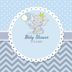 Fototapeta premium baby shower boy. Śliczny słoń z balonami. miejsce na tekst