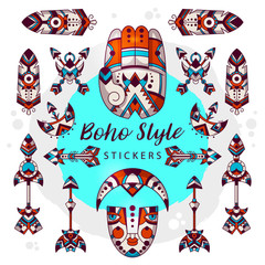 Boho style symbols vector tribal signs. Boho vector illustrations. Boho style stickers. Bohemian concept. Hippy vector hamsa palm, arrows, moon, mask,  feather. Decorative and tattoo style.