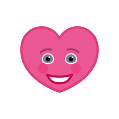 Happy heart shaped funny emoticon icon. Cheerful pink emoji symbol. Social communication and online chatting vector element. Smile face showing facial emotion. Valentine's day mascot in flat style