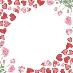 Watercolor round frame for Valentine's day red hearts, bouquet of pink roses isolated on white background.