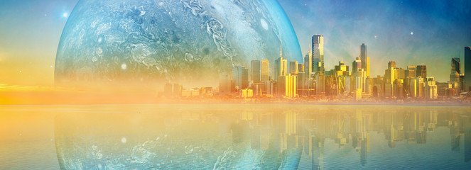 Ville moderne sur une planète extraterrestre se reflétant dans l& 39 eau au coucher du soleil - paysage fantastique