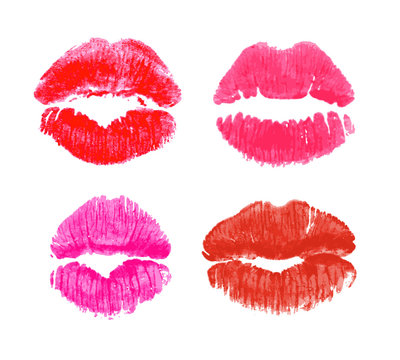 Beautiful colorful lips isolated on white background. Realistic red and pink lipstick kiss prints vector illustration set. Happy valentines day romantic symbol. Sensual love sign. Juicy lips imprints