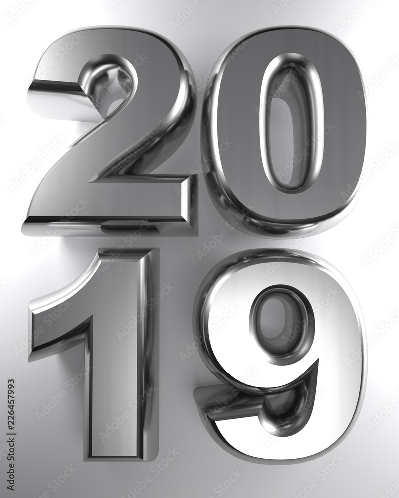 Poster 2019 in metallic chrome 3d letters - 3d rendering