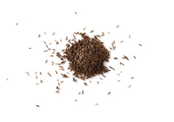 Pile of cumin, caraway seeds isolated on white background, top view