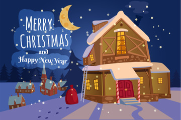 Merry Christmas and Happy New Year village houses with snow fall in the night. Vector, cartoon style, poster, card, baner, background.