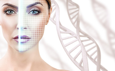 Technological scanning of face of young woman among DNA stems.