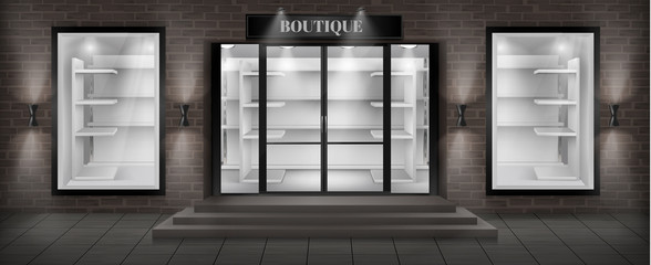 Vector concept background, boutique shop facade with signboard. Storefront with brick wall, entrance with large glass door and empty illuminated showcases with white shelves, realistic illustration