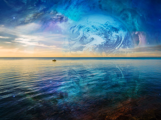 Fantasy landscape - lonely fishing boat floating on tranquil ocean water with planet and galaxy in...