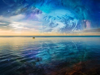 Foto op Canvas Fantasy landscape - lonely fishing boat floating on tranquil ocean water with planet and galaxy in the skies. Elements of this image are furnished by NASA © Greg Brave