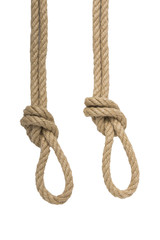 Close-up of node or knot from two ropes isolated on a white background. Navy and angler knot.