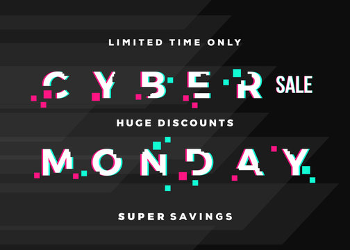 Cyber Monday Sale Abstract Vector Card, Flyer or Poster Template. Modern Typography, Pixels and Glitch Effect. Electronics Disqount Offer Banner. Dark Digital Background