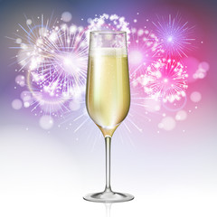 Realistic vector illustration of champagne glass on holiday golden firework background