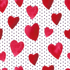 seamless pattern with watercolor hearts on dots background