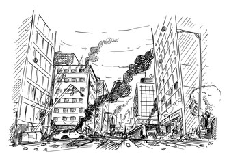Pen and ink sketchy hand drawing of modern city street destroyed by war, riot or disaster.