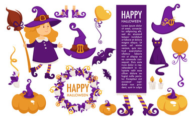 Fototapeta premium Happy Halloween celebration symbolic elements, icons and text vector