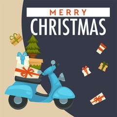 Merry Christmas winter holiday preparation, scooter with presents vector