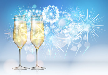 Realistic vector illustration of champagne glasses on holiday blue firework background