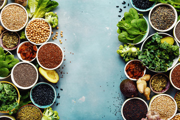 Super food vegetarian food top view copy space