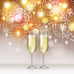 Realistic vector illustration of champagne glasses on holiday golden firework background