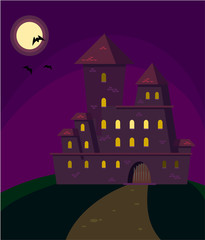 Halloween. Mysterious gloomy castle with moon and bats.