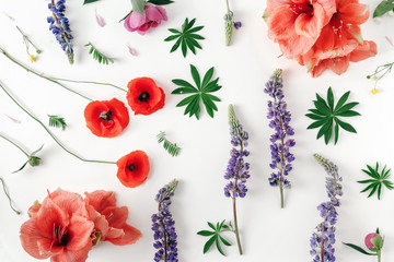 Floral pattern white background Flat lay top view Pattern flowers