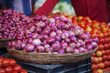 Udaipur, Rajasthan, India, January 31, 2018: Onion at public vegetable city market