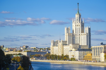 Fototapeta premium Moscow, Russia - October, 6, 2018: veiw to highrise building on Kotelnicheskaya embankment in Mosocw, Russia