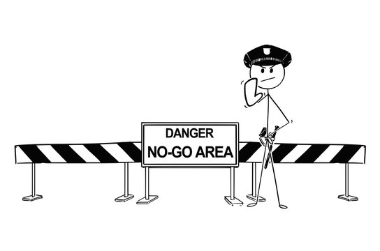 Pen and ink hand drawing of policemen showing stop gesture standing near road block with no-go area sign.