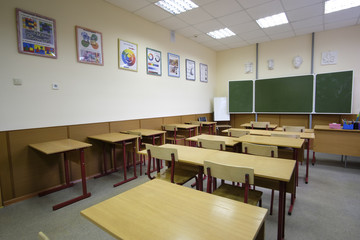 Moscow, Russia - September, 24, 2018: Interior of a modern school classroom in Moscow priver school
