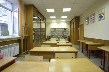 Moscow, Russia - September, 24, 2018: Interior of a modern school classroom in Moscow priver school
