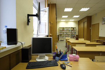 Moscow, Russia - September, 24, 2018: Interior of a modern school classroom in Moscow priver school