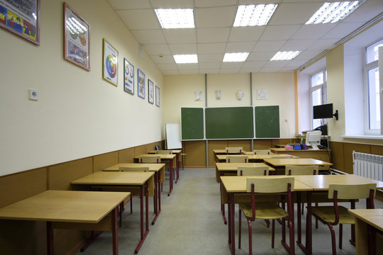 Moscow, Russia - September, 24, 2018: Interior of a modern school classroom in Moscow priver school