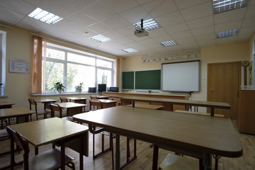 Moscow, Russia - September, 24, 2018: Interior of a modern school classroom in Moscow priver school