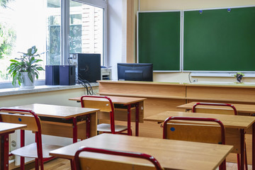 Moscow, Russia - September, 24, 2018: Interior of a modern school classroom in Moscow priver school