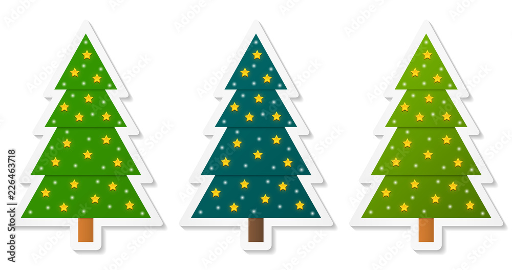 Poster set of abstract geometric coniferous trees stickers decorated with stars. three shades of green. vec