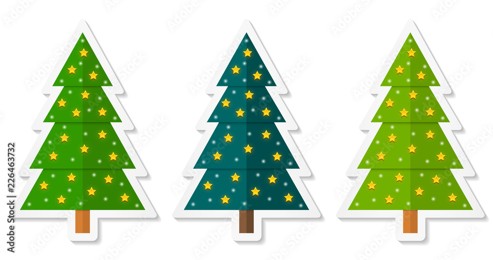 Poster set 2 of abstract geometric coniferous trees stickers decorated with stars. three shades of green. v