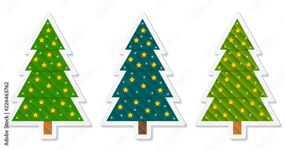 Poster set 4 of abstract geometric coniferous trees stickers decorated with stars. three shades of green. v