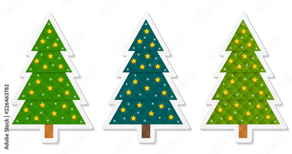 Poster set 5 of abstract geometric coniferous trees stickers decorated with stars. three shades of green. v