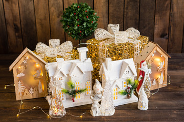 Beautiful Christmas elements of a decor on a dark wooden background