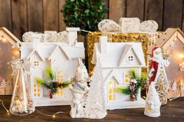 Beautiful Christmas elements of a decor on a dark wooden background