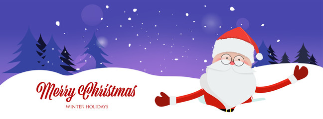Fototapeta na wymiar Santa claus in winter and snowing background panorama landscape. Christmas banner web design.