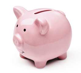 pink ceramic piggy bank isolated on white background