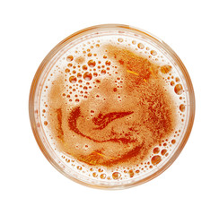 top view of glass of lager beer with froth isolated on white background